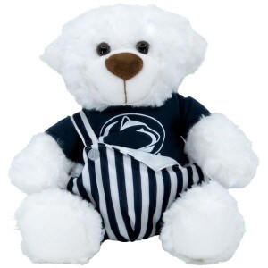plush stuffed Louie Bear with gameday striped bibs and Penn State Athletic Logo t-shirt